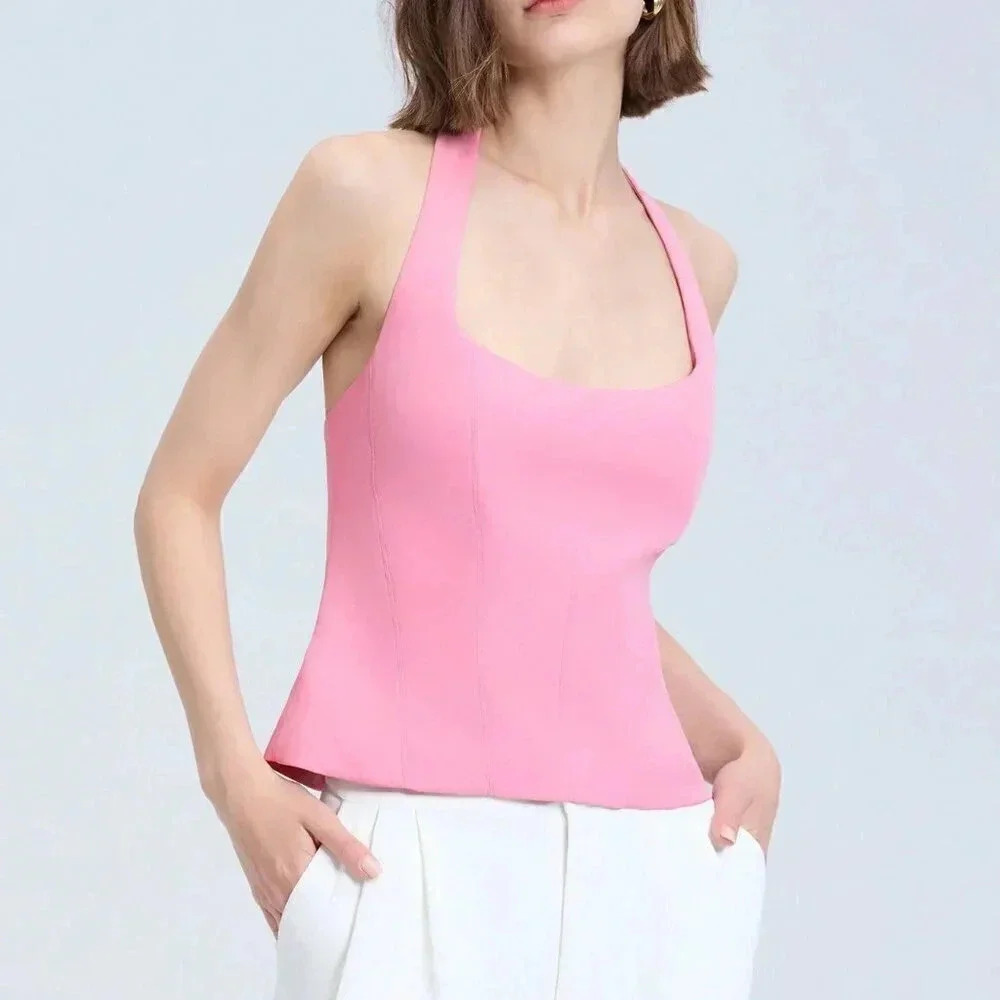 Pink Casual Women's Solid Color Summer Halter Neck Backless Tank Top